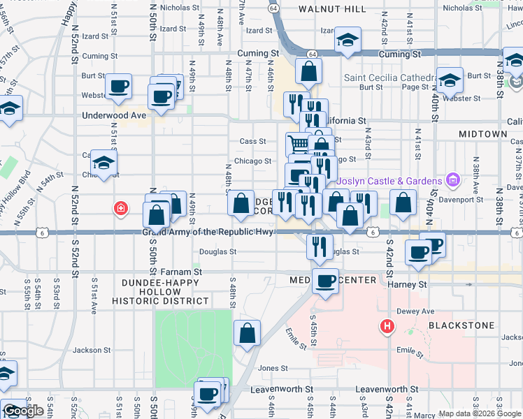 map of restaurants, bars, coffee shops, grocery stores, and more near 4650 Capitol Avenue in Omaha