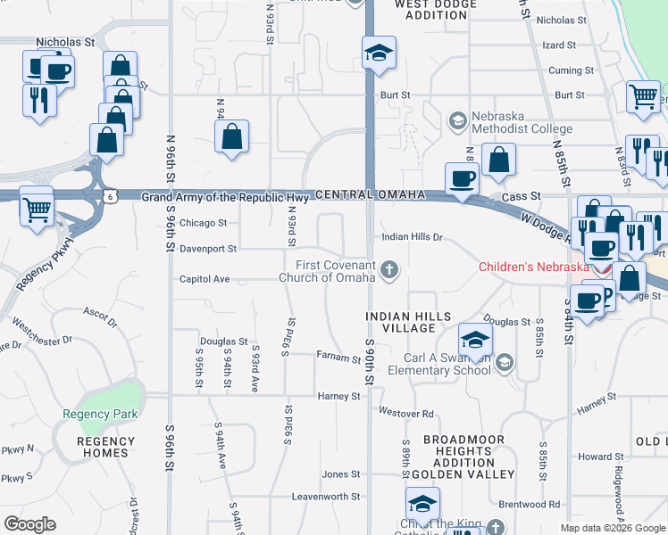 map of restaurants, bars, coffee shops, grocery stores, and more near 207 North 92nd Street in Omaha