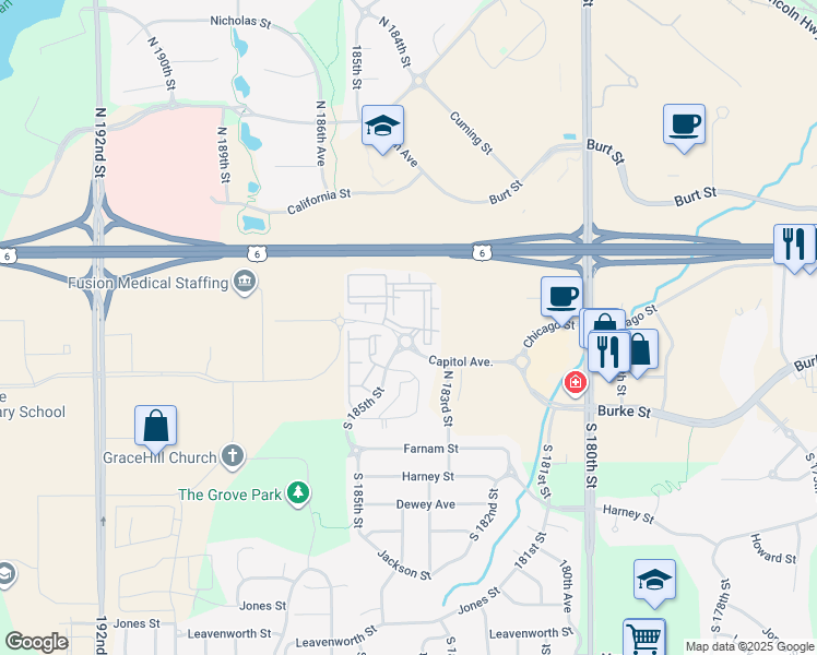 map of restaurants, bars, coffee shops, grocery stores, and more near Capitol Court in Omaha