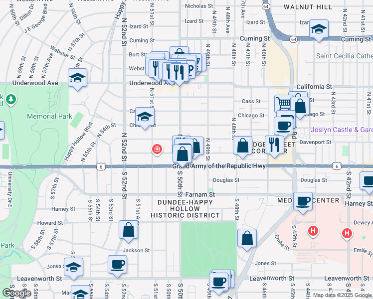 map of restaurants, bars, coffee shops, grocery stores, and more near 4920 Capitol Avenue in Omaha