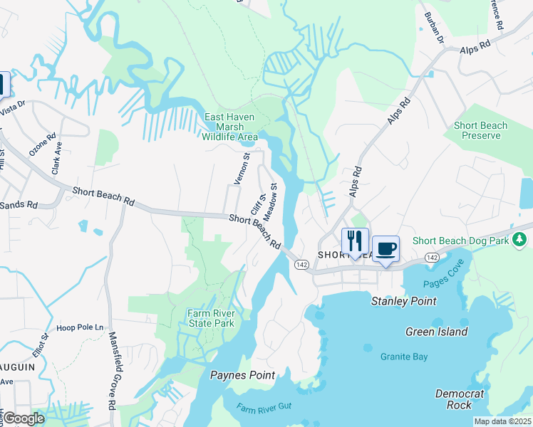 map of restaurants, bars, coffee shops, grocery stores, and more near 10 Meadow Street in East Haven