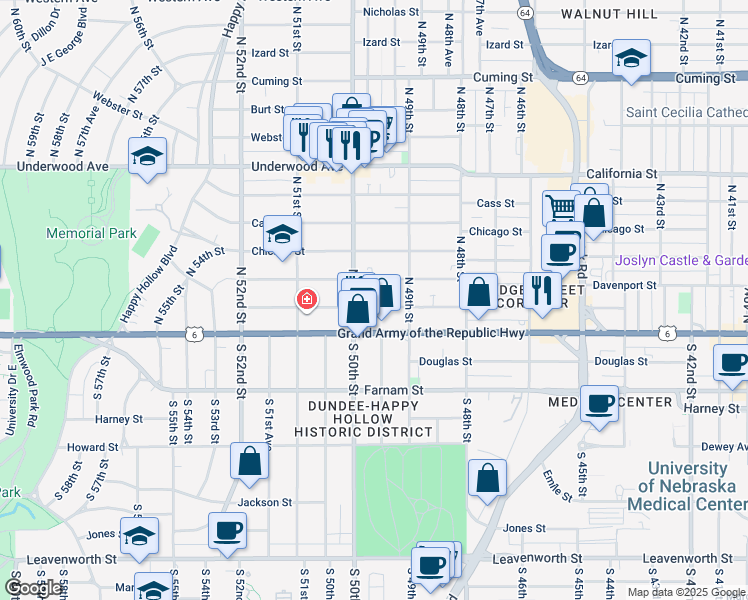 map of restaurants, bars, coffee shops, grocery stores, and more near 4918 Capitol Avenue in Omaha