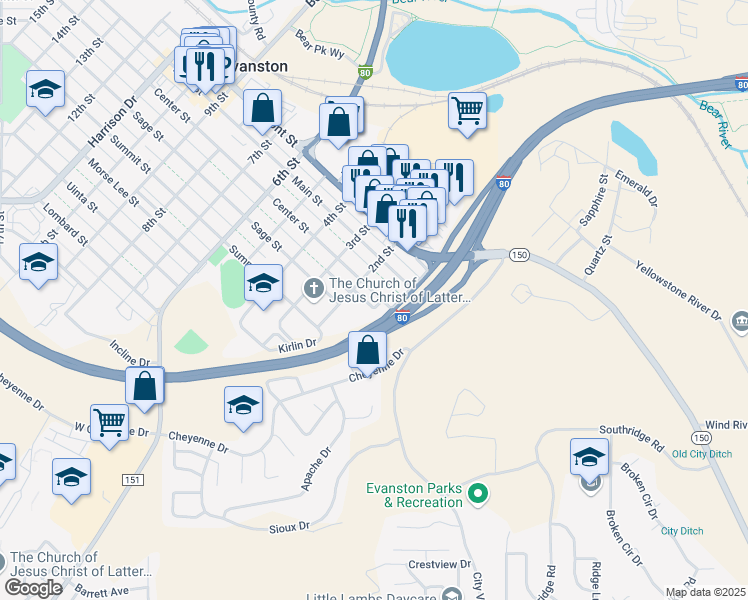map of restaurants, bars, coffee shops, grocery stores, and more near 101-199 Sherman Way in Evanston