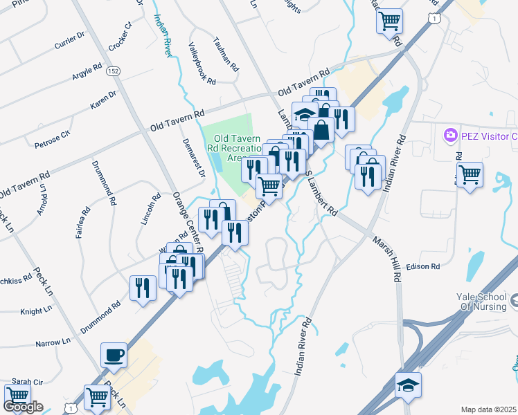 map of restaurants, bars, coffee shops, grocery stores, and more near 391 Boston Post Road in Orange