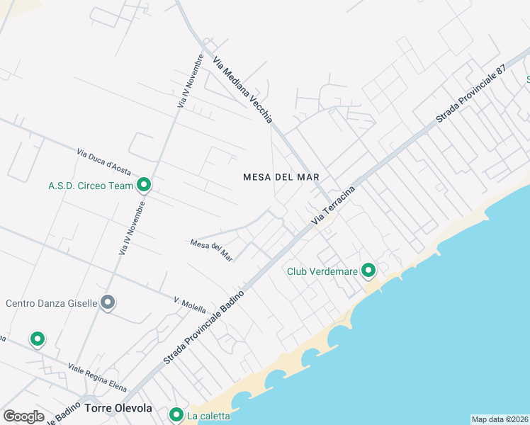 map of restaurants, bars, coffee shops, grocery stores, and more near Mesa del Mar in San Felice Circeo