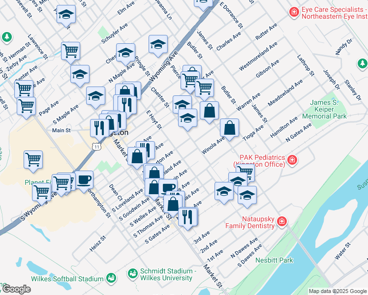map of restaurants, bars, coffee shops, grocery stores, and more near 123 North Atherton Avenue in Kingston