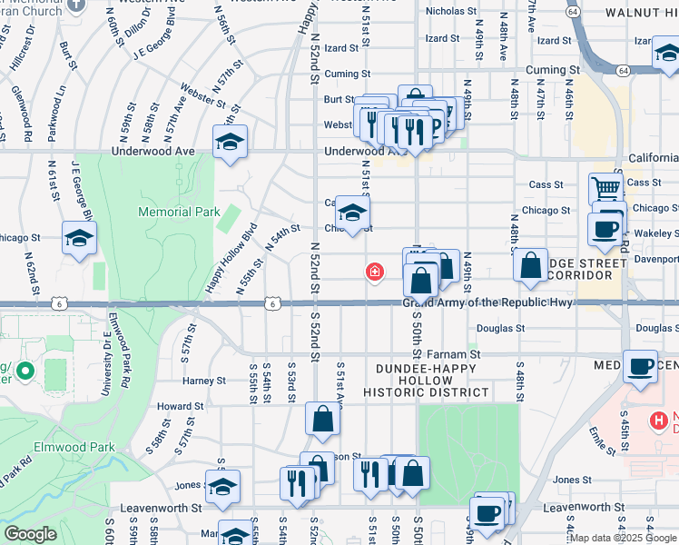 map of restaurants, bars, coffee shops, grocery stores, and more near 5113 Capitol Avenue in Omaha