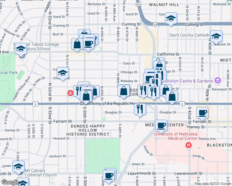 map of restaurants, bars, coffee shops, grocery stores, and more near 4804 Capitol Avenue in Omaha