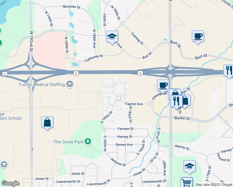 map of restaurants, bars, coffee shops, grocery stores, and more near Capitol Court in Elkhorn