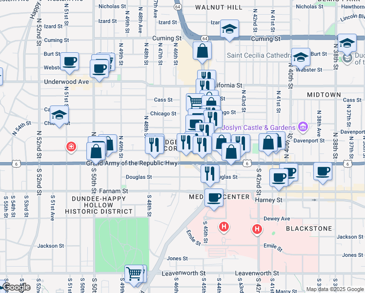 map of restaurants, bars, coffee shops, grocery stores, and more near 201 North 46th Street in Omaha
