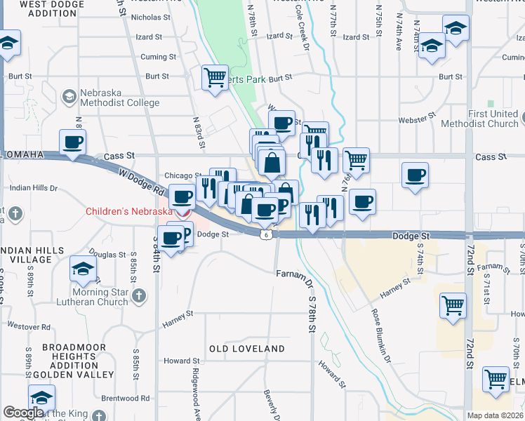 map of restaurants, bars, coffee shops, grocery stores, and more near 210 North 78th Street in Omaha