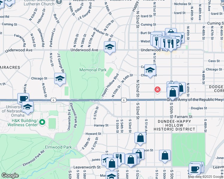 map of restaurants, bars, coffee shops, grocery stores, and more near 108 North 55th Street in Omaha