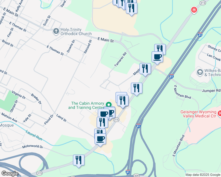 map of restaurants, bars, coffee shops, grocery stores, and more near 708 Chestnut Street in Wilkes-Barre