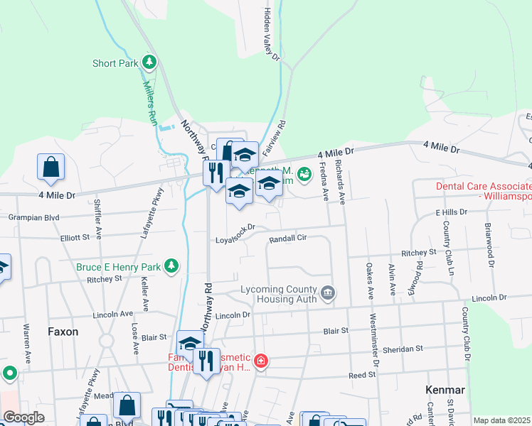 map of restaurants, bars, coffee shops, grocery stores, and more near 1801 Loyalsock Drive in Williamsport