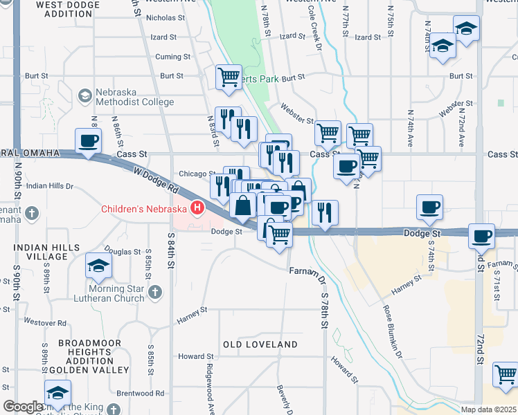 map of restaurants, bars, coffee shops, grocery stores, and more near 7834 Dodge Street in Omaha