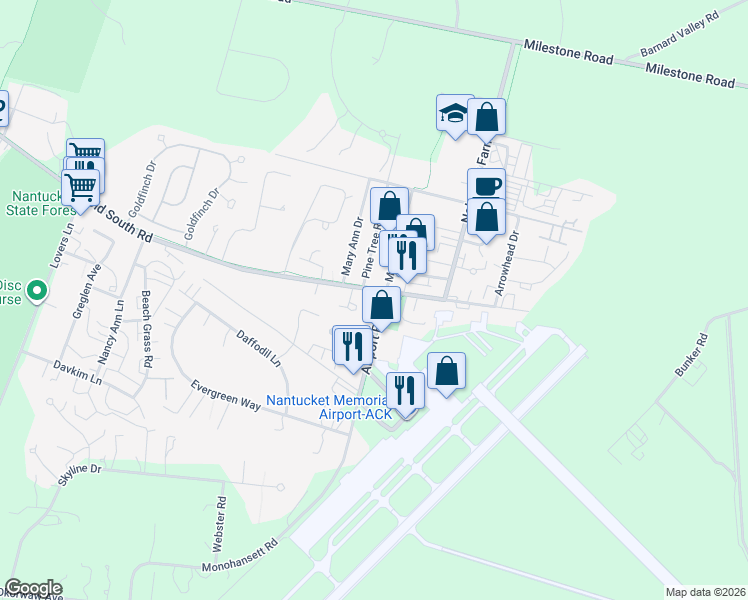 map of restaurants, bars, coffee shops, grocery stores, and more near 17 Macys Lane in Nantucket