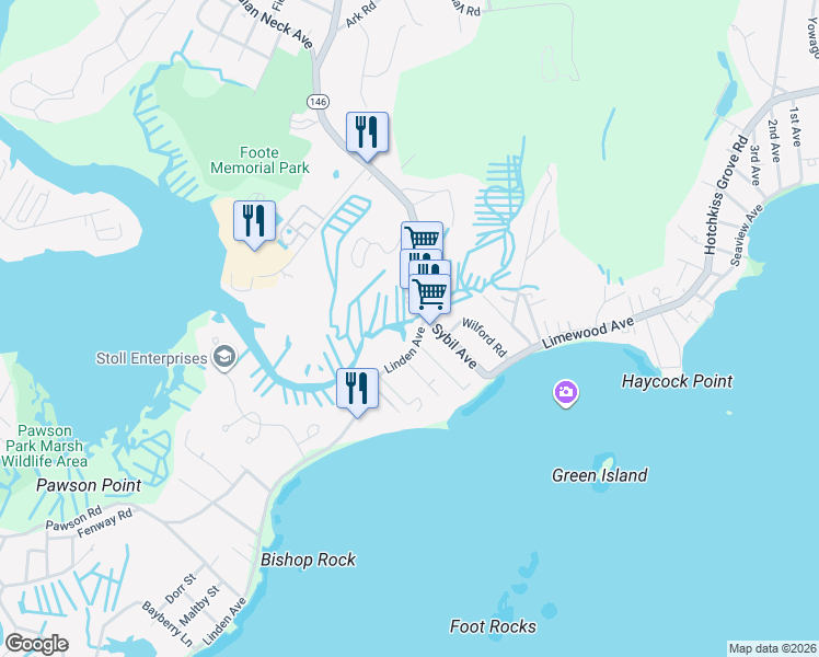 map of restaurants, bars, coffee shops, grocery stores, and more near 6-10 Linden Avenue in Branford