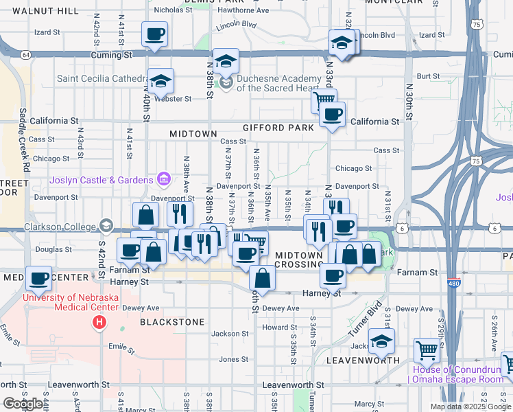 map of restaurants, bars, coffee shops, grocery stores, and more near 118 North 35th Avenue in Omaha
