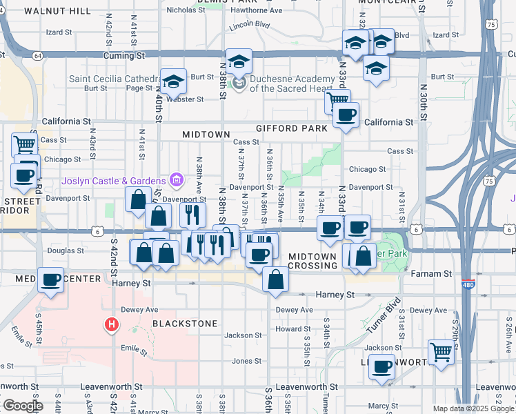 map of restaurants, bars, coffee shops, grocery stores, and more near 120 North 36th Street in Omaha
