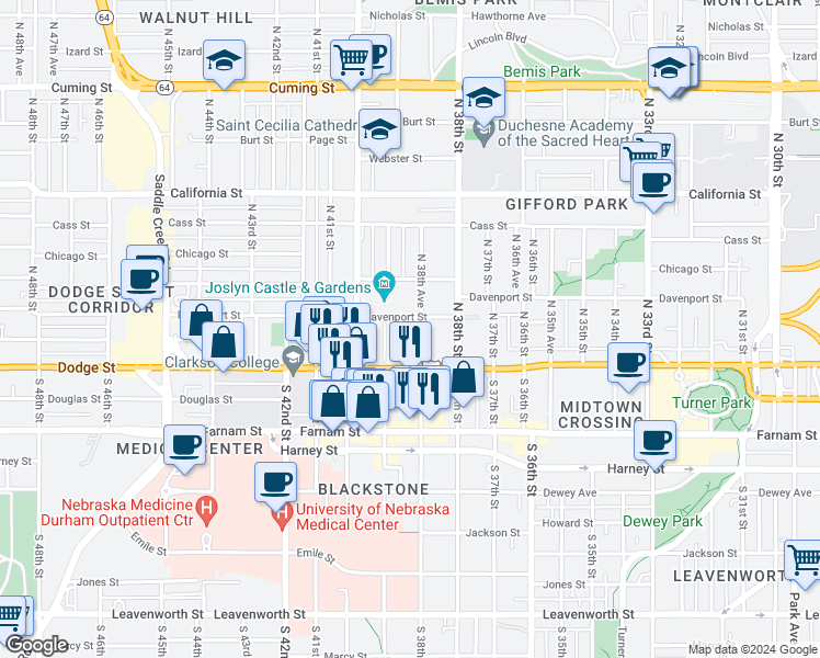 map of restaurants, bars, coffee shops, grocery stores, and more near 125 North 39th Street in Omaha
