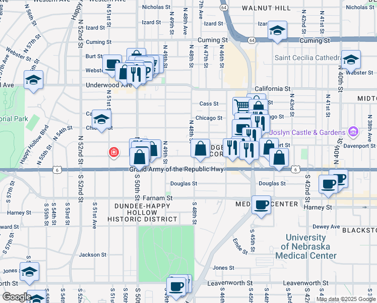 map of restaurants, bars, coffee shops, grocery stores, and more near 4804 Capitol Avenue in Omaha