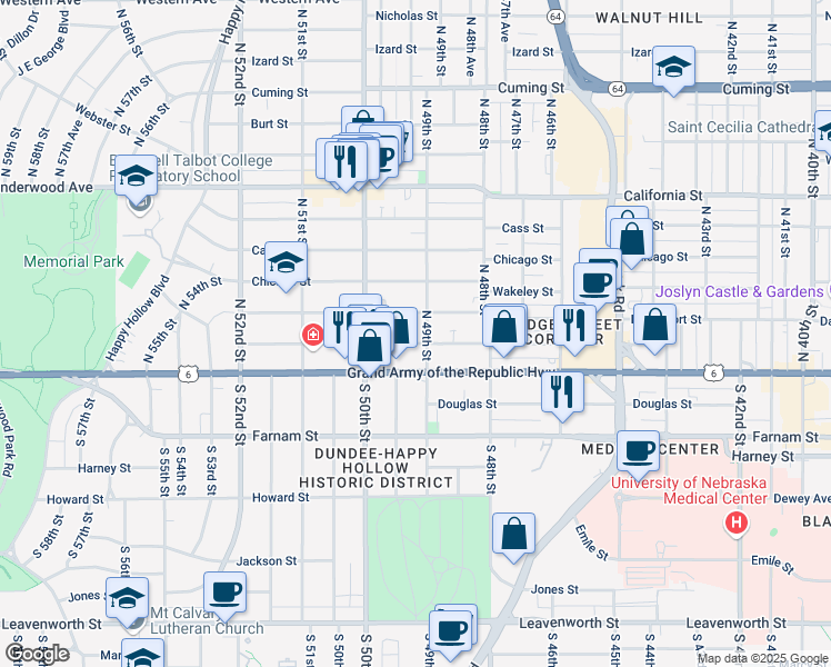 map of restaurants, bars, coffee shops, grocery stores, and more near 4901 Capitol Avenue in Omaha