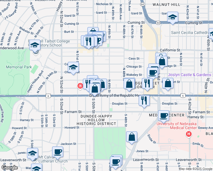 map of restaurants, bars, coffee shops, grocery stores, and more near 4902 Capitol Avenue in Omaha