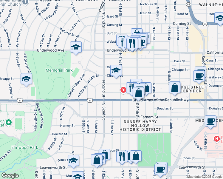 map of restaurants, bars, coffee shops, grocery stores, and more near 5113 Capitol Avenue in Omaha