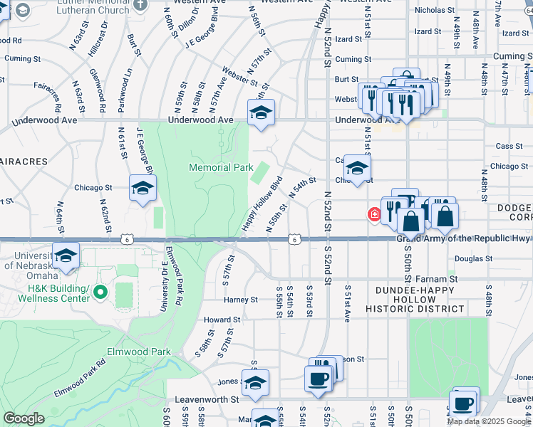 map of restaurants, bars, coffee shops, grocery stores, and more near 108 North 55th Street in Omaha