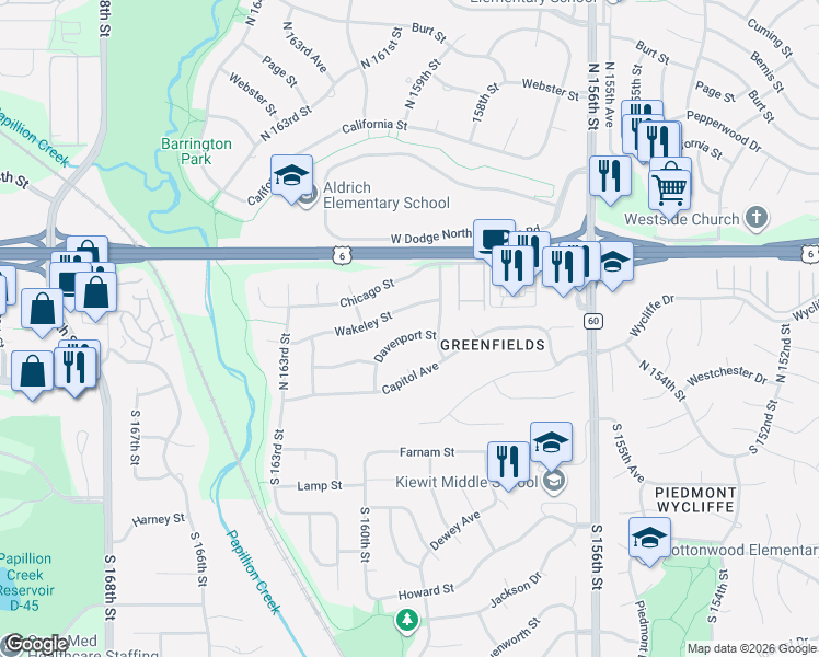 map of restaurants, bars, coffee shops, grocery stores, and more near 16021 Davenport Street in Omaha