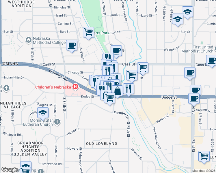 map of restaurants, bars, coffee shops, grocery stores, and more near 210 N 78th St in Omaha
