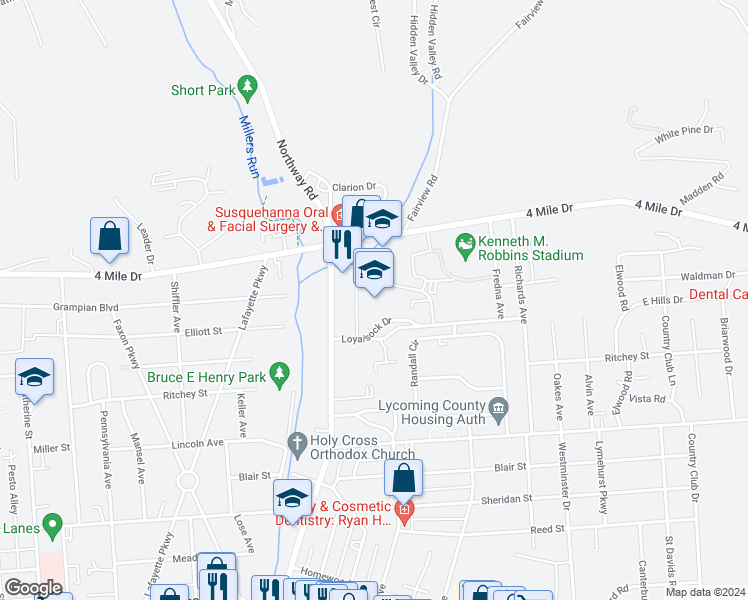 map of restaurants, bars, coffee shops, grocery stores, and more near 2101 Loyalsock Drive in Williamsport
