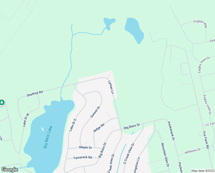 map of restaurants, bars, coffee shops, grocery stores, and more near 73 Lyman Lane in Big Bass Lake