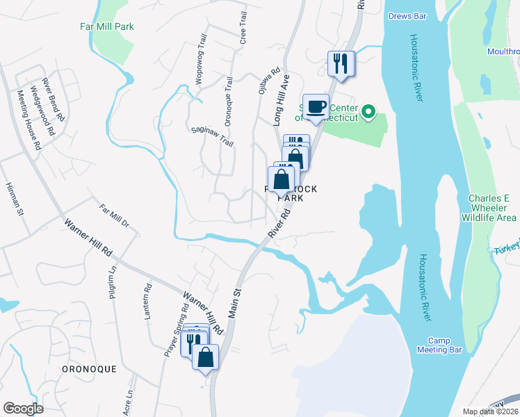 map of restaurants, bars, coffee shops, grocery stores, and more near 5 Manhassett Trail in Shelton