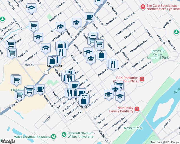 map of restaurants, bars, coffee shops, grocery stores, and more near 129 North Atherton Avenue in Kingston