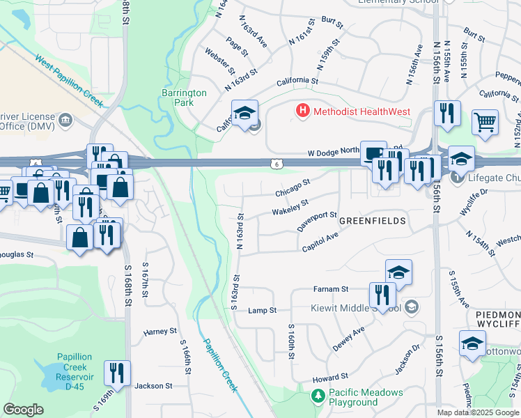 map of restaurants, bars, coffee shops, grocery stores, and more near 16212 Wakeley Street in Omaha