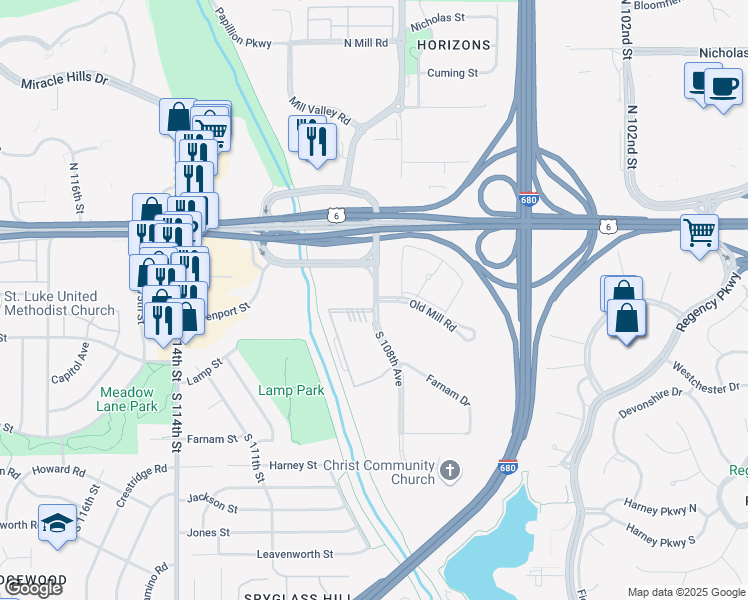 map of restaurants, bars, coffee shops, grocery stores, and more near 300 South 108th Avenue in Omaha