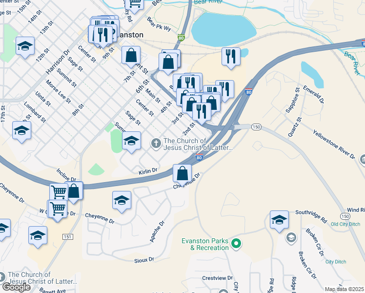 map of restaurants, bars, coffee shops, grocery stores, and more near 101-199 Sherman Way in Evanston