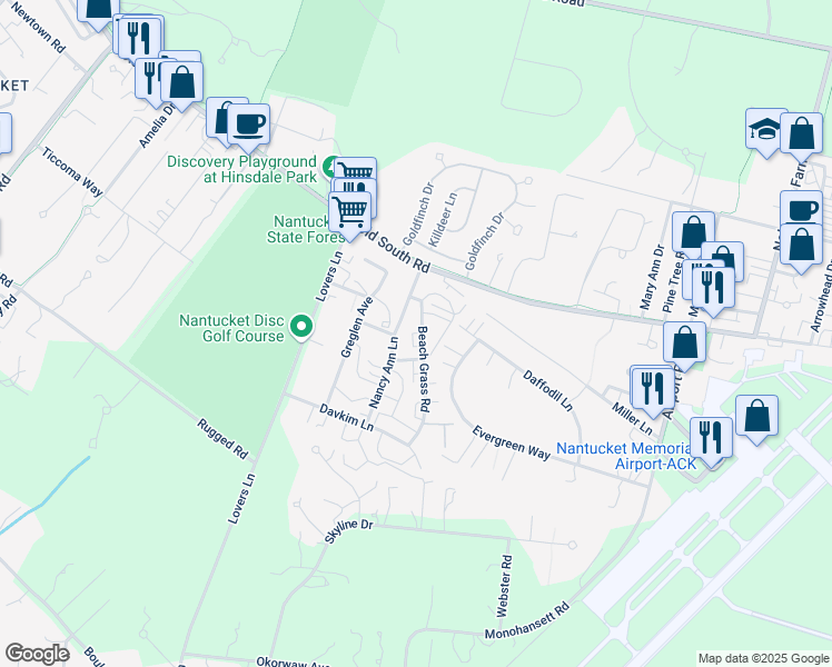 map of restaurants, bars, coffee shops, grocery stores, and more near 10 Mayflower Circle in Nantucket