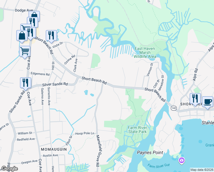 map of restaurants, bars, coffee shops, grocery stores, and more near 190 Short Beach Road in East Haven