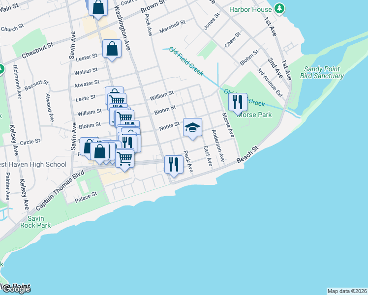 map of restaurants, bars, coffee shops, grocery stores, and more near 66 Thomas Street in West Haven