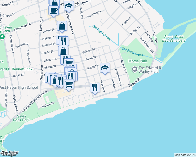 map of restaurants, bars, coffee shops, grocery stores, and more near 115 Thomas Street in West Haven