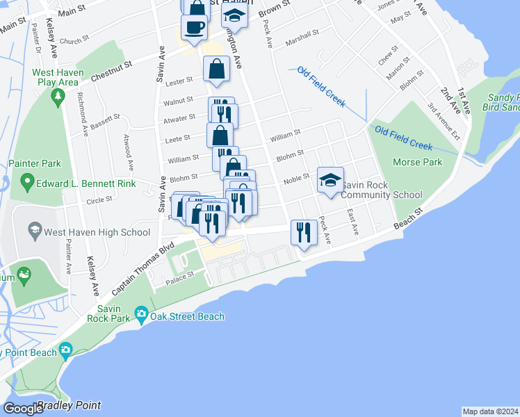 map of restaurants, bars, coffee shops, grocery stores, and more near 180 Park Street in West Haven