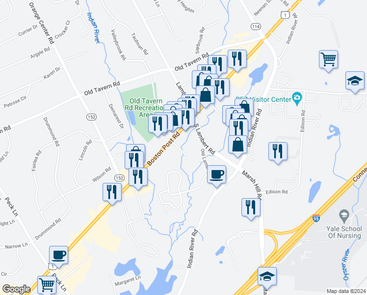 map of restaurants, bars, coffee shops, grocery stores, and more near 264 Old Lambert Road in Orange