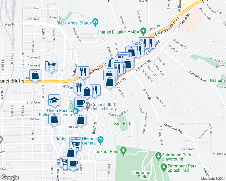 map of restaurants, bars, coffee shops, grocery stores, and more near 135 Glen Avenue in Council Bluffs