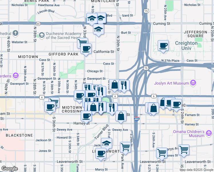 map of restaurants, bars, coffee shops, grocery stores, and more near 120 North 31st Street in Omaha