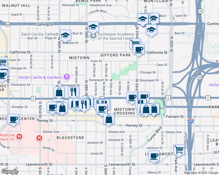 map of restaurants, bars, coffee shops, grocery stores, and more near 118 North 35th Avenue in Omaha