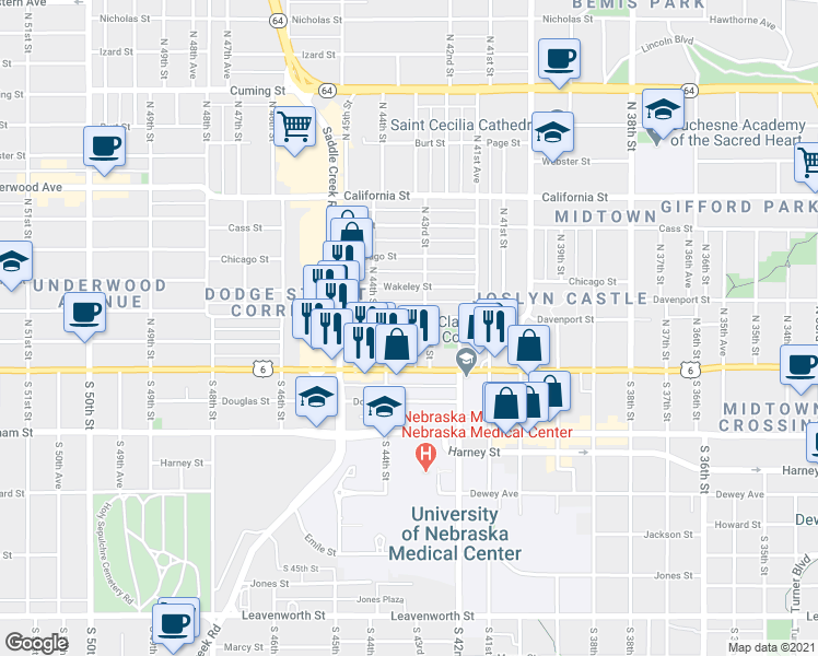 map of restaurants, bars, coffee shops, grocery stores, and more near 125 North 43rd Avenue in Omaha