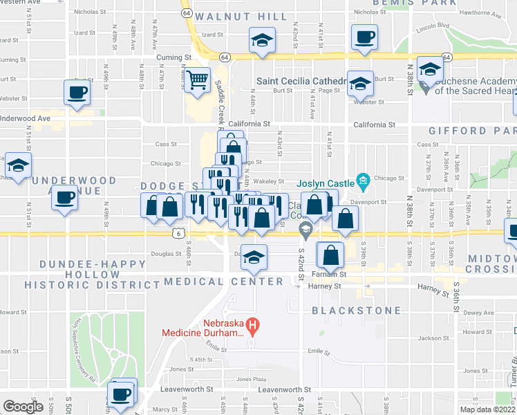 map of restaurants, bars, coffee shops, grocery stores, and more near 4408 Capitol Avenue in Omaha