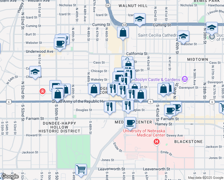 map of restaurants, bars, coffee shops, grocery stores, and more near 4524 U.S. 6 in Omaha